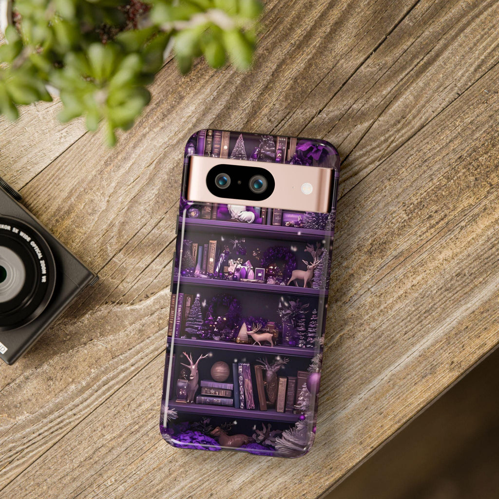 Christmas Bookshelf Phone Case, Holiday Dark Purple Bookish Cover iPhone Galaxy Pixel book lovers