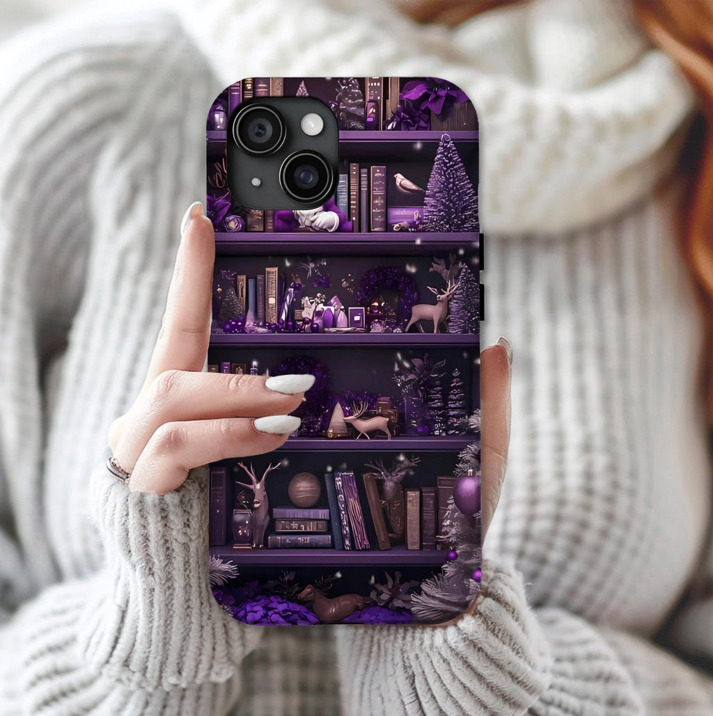 Christmas Bookshelf Phone Case, Holiday Dark Purple Bookish Cover iPhone Galaxy Pixel book lovers