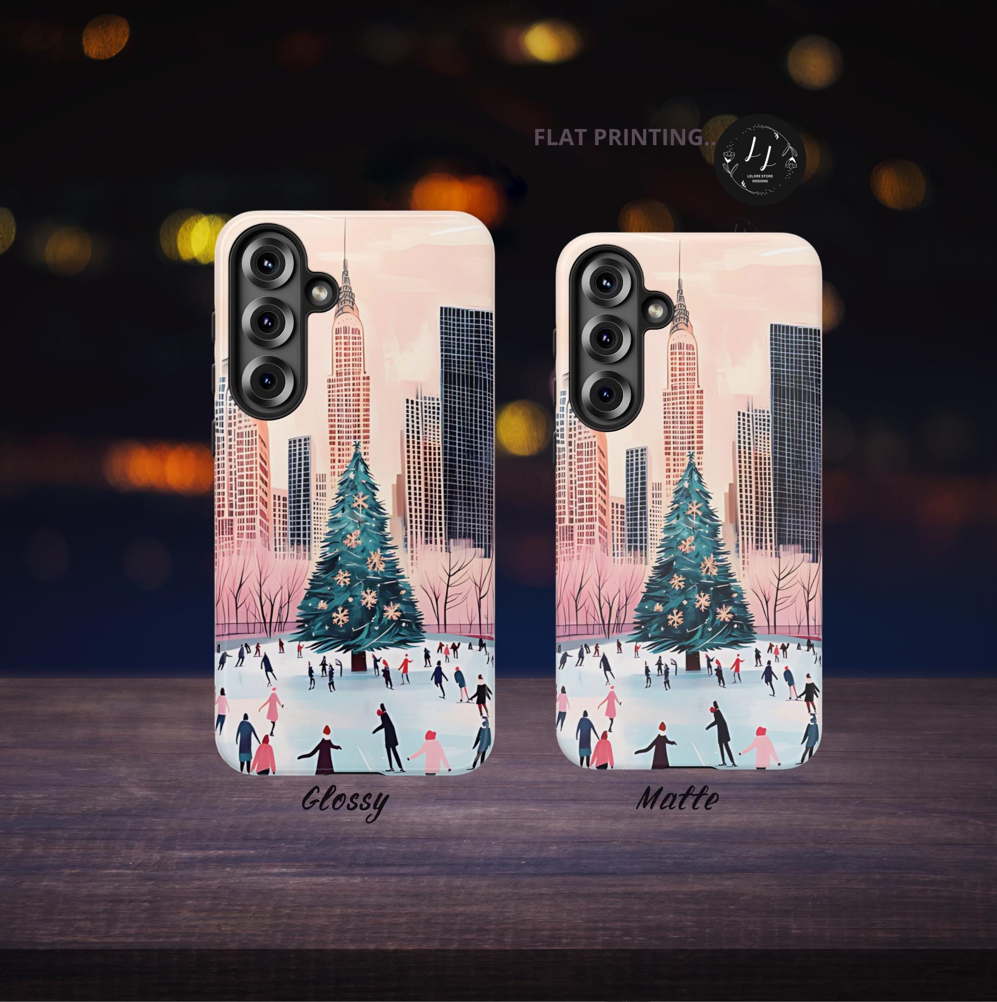 Vintage Pink Christmas Phone Case, Winter Scene Skaters Tree New York iPhone Galaxy Pixel
