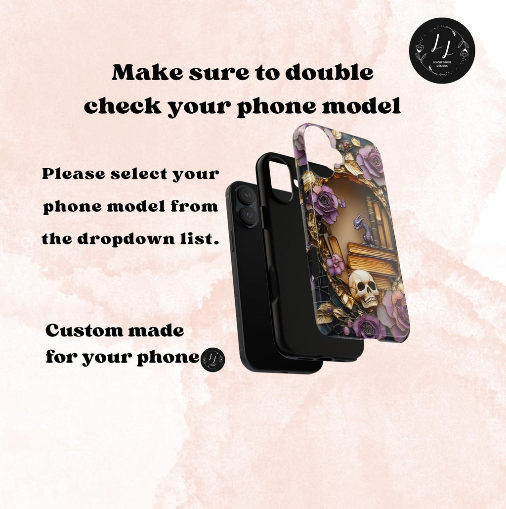 Dragon  Fantasy Phone Case Bookshelf Faux Stained GlassMagical Book Lover Gift iPhone Galaxy Pixel