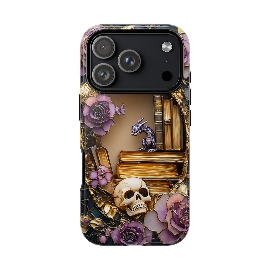 Dragon  Fantasy Phone Case Bookshelf Faux Stained GlassMagical Book Lover Gift iPhone Galaxy Pixel