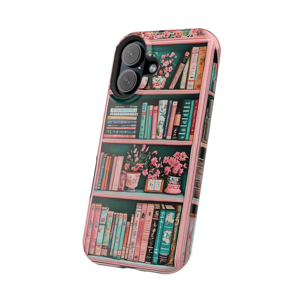 Pink Floral Bookshelf iPhone Case: Book Lover Gift, Magnetic Cases MagSafe Compatible Book