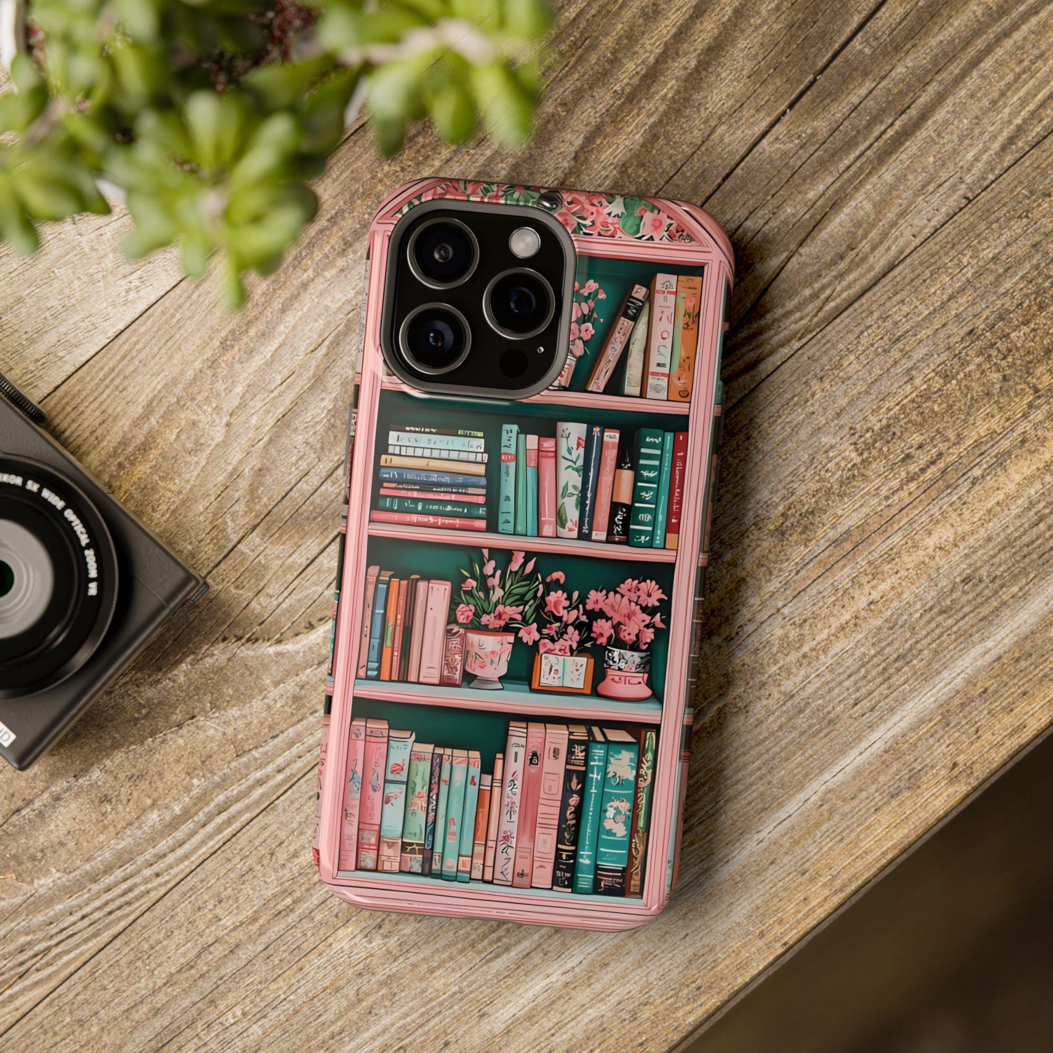 Pink Floral Bookshelf iPhone Case: Book Lover Gift, Magnetic Cases MagSafe Compatible Book