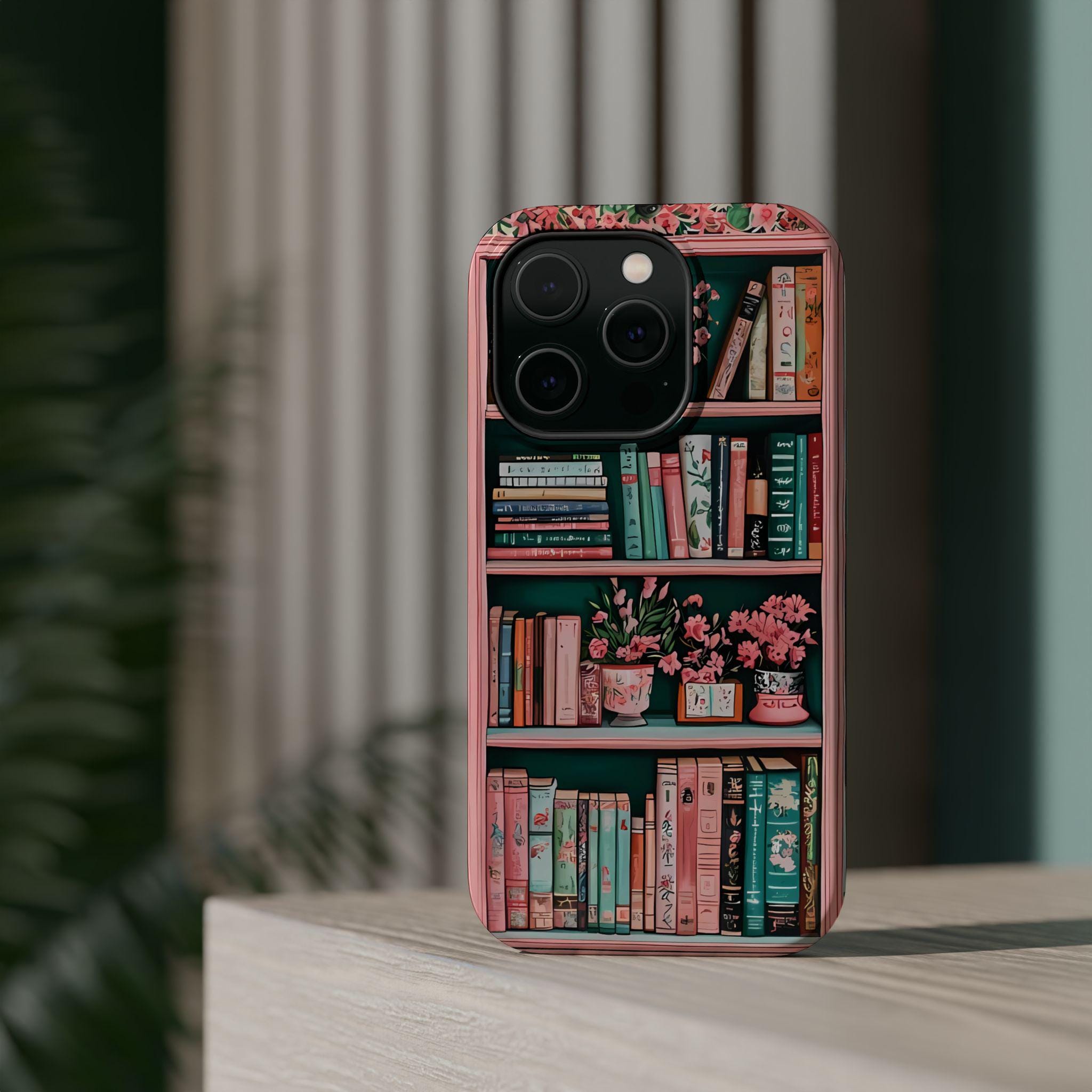 Pink Floral Bookshelf iPhone Case: Book Lover Gift, Magnetic Cases MagSafe Compatible Book