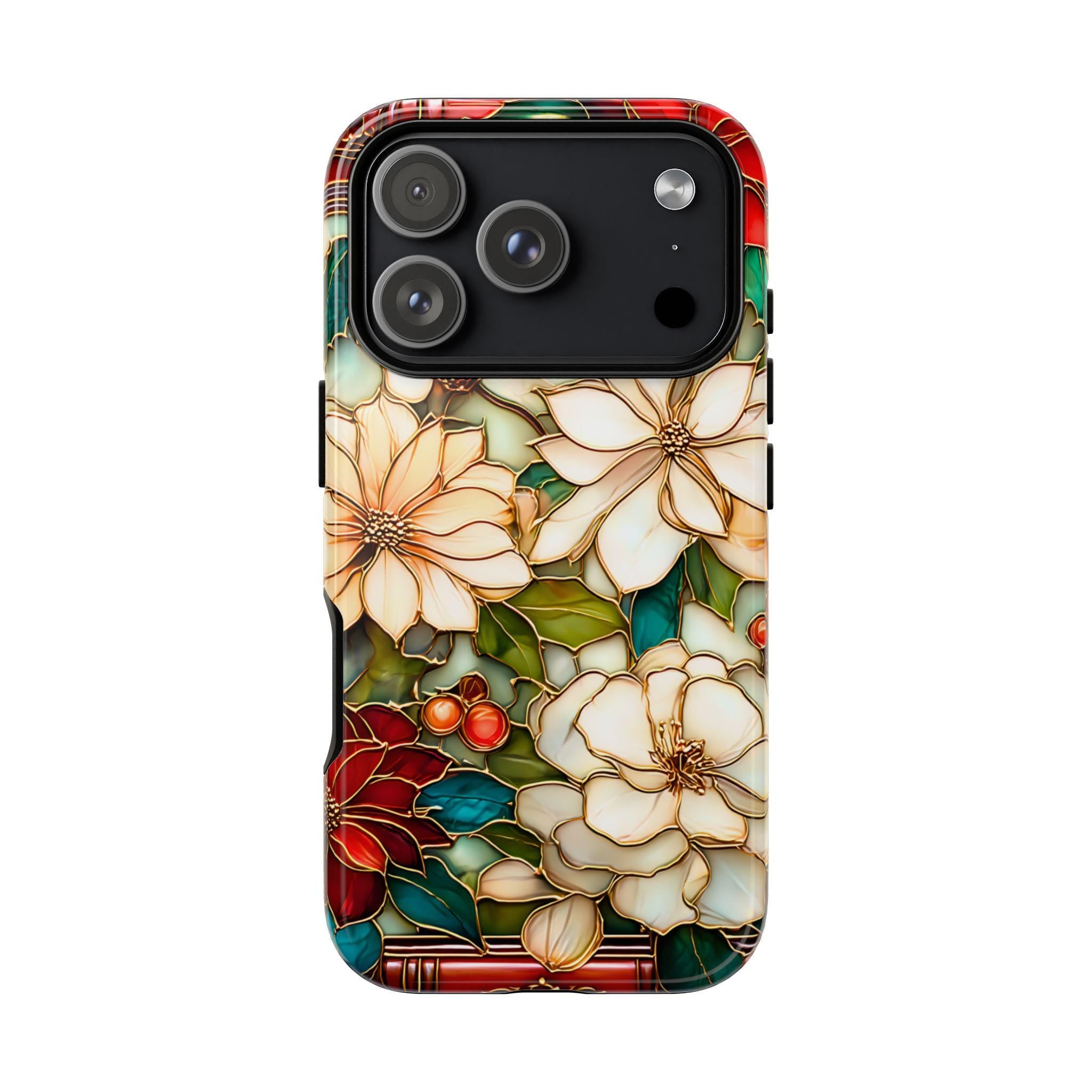 Christmas Poinsettia Phone Case: Faux Stained Glass Floral Cover Holly Leaves iPhone Galaxy Pixel
