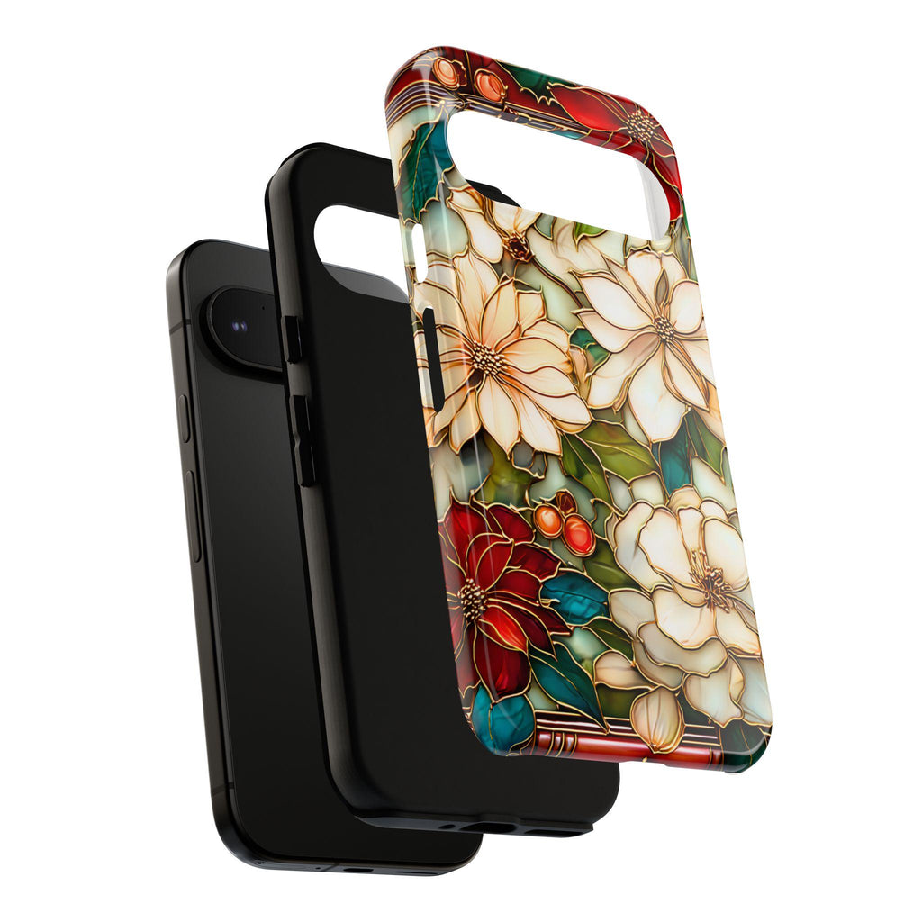 Christmas Poinsettia Phone Case: Faux Stained Glass Floral Cover Holly Leaves iPhone Galaxy Pixel