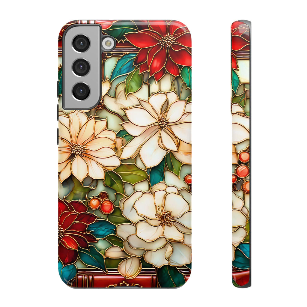 Christmas Poinsettia Phone Case: Faux Stained Glass Floral Cover Holly Leaves iPhone Galaxy Pixel