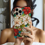 Christmas Poinsettia Phone Case: Faux Stained Glass Floral Cover Holly Leaves iPhone Galaxy Pixel