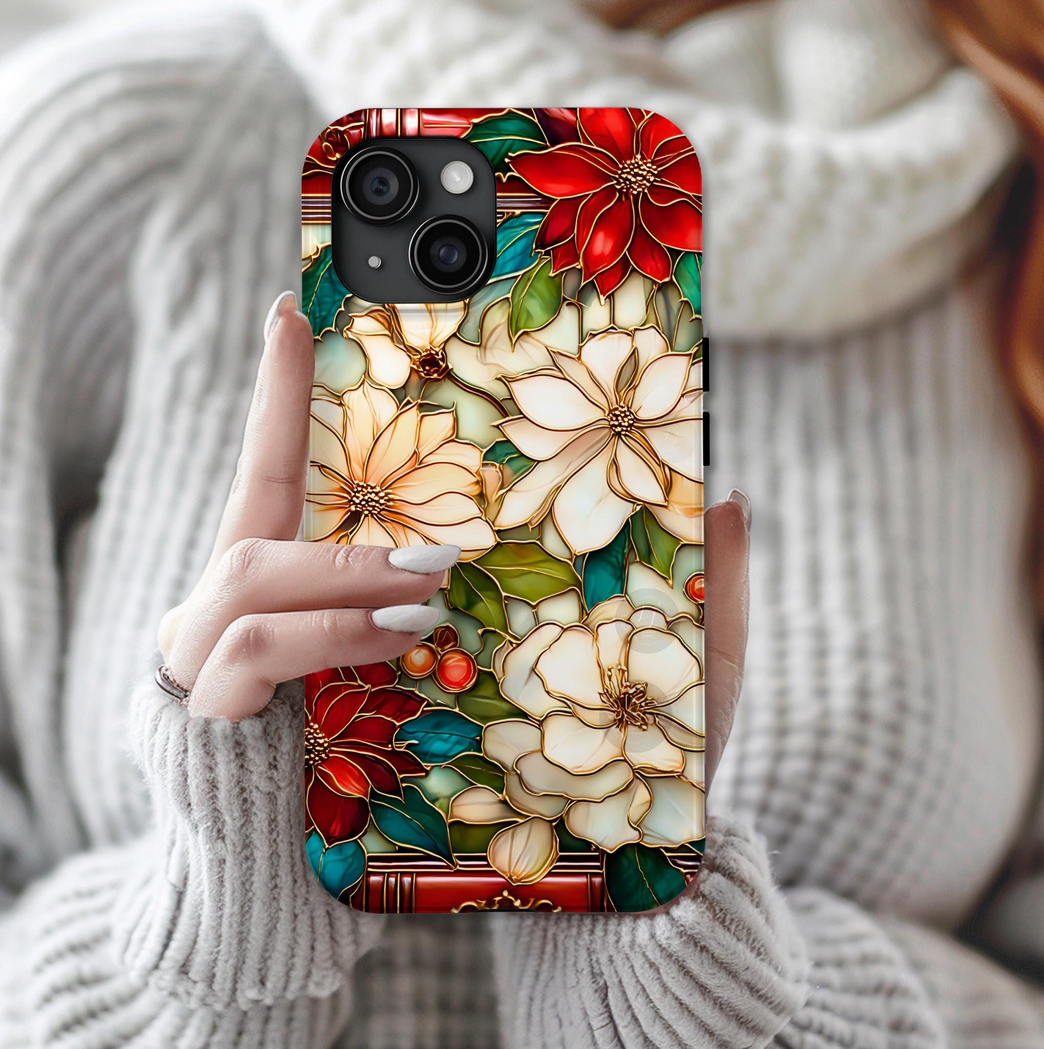Christmas Poinsettia Phone Case: Faux Stained Glass Floral Cover Holly Leaves iPhone Galaxy Pixel