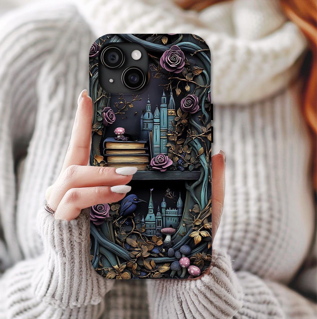 Gothic Bookshelf Floral Phone Case: Dark Academia Book Lover Gift   Reading iPhone Galaxy, Pixel