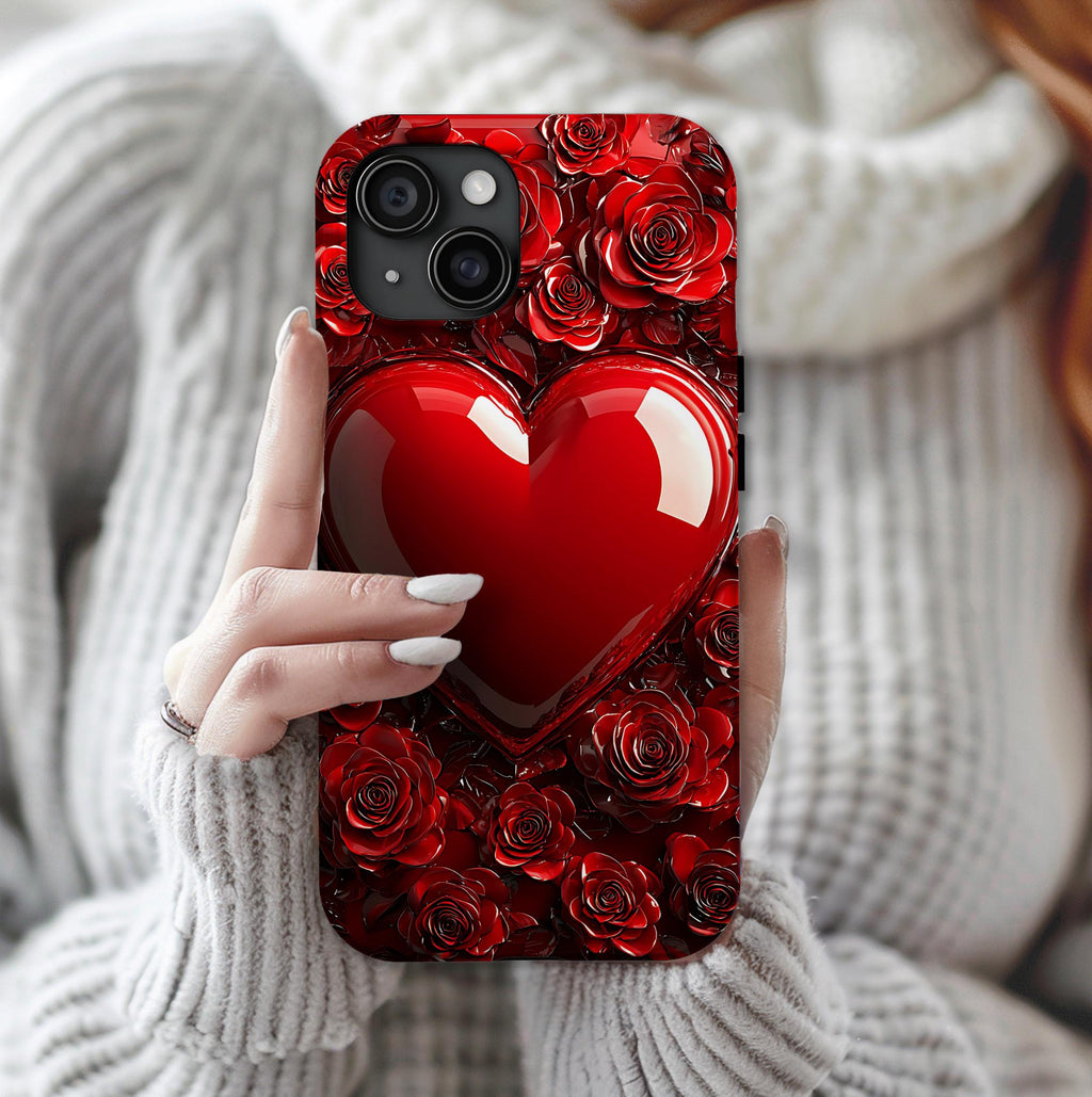 Vibrant Red Roses Heart Phone Case iPhone Samsung, Pixel Case, Valentine's Day