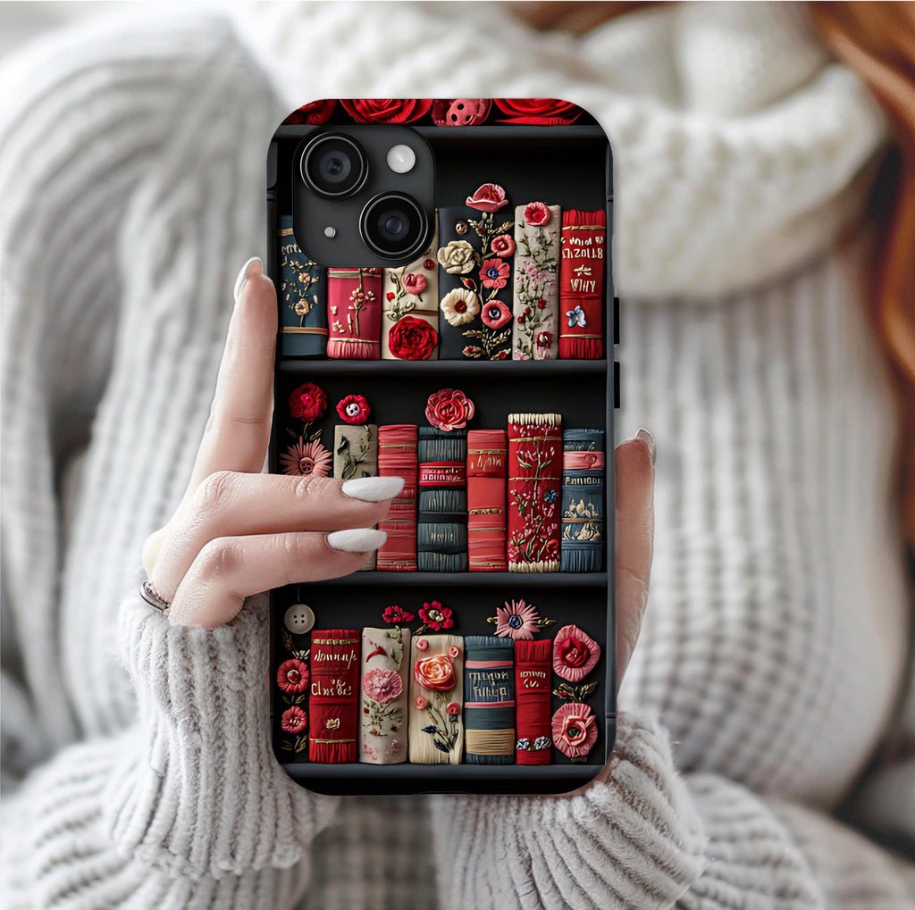 Floral Bookshelf Phone Case: Faux Embroidery Book Lover Gift  iPhone Galaxy Pixel covers