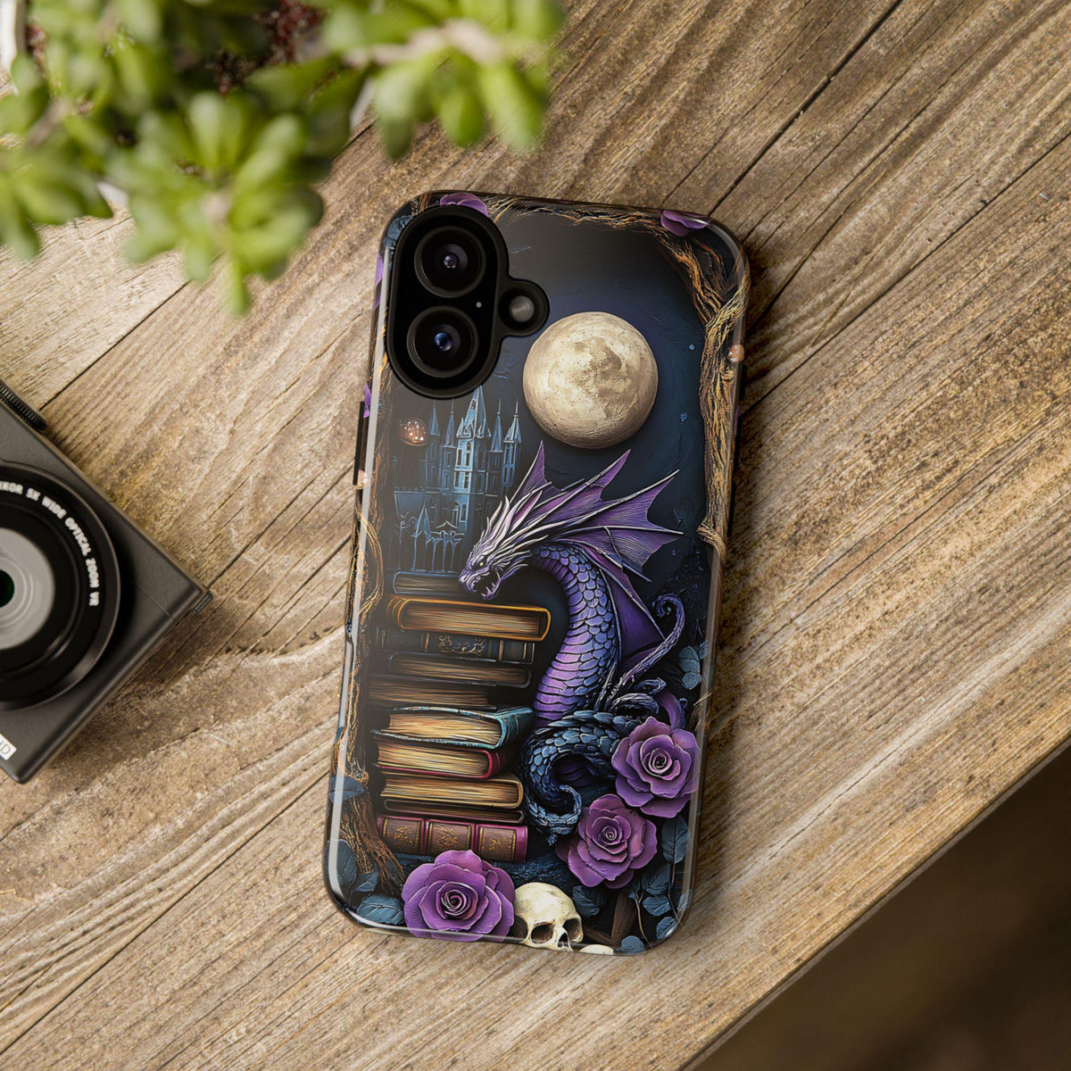 Purple Dragon Bookshelf Phone Case: Book Lover Gift iPhone Galaxy Pixel