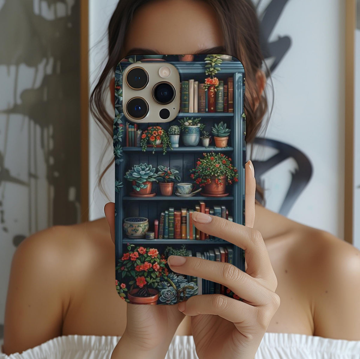 Vintage Floral Bookshelf Phone Case: Gloomy Botanical Design Book Lover iPhone Galaxy Pixel