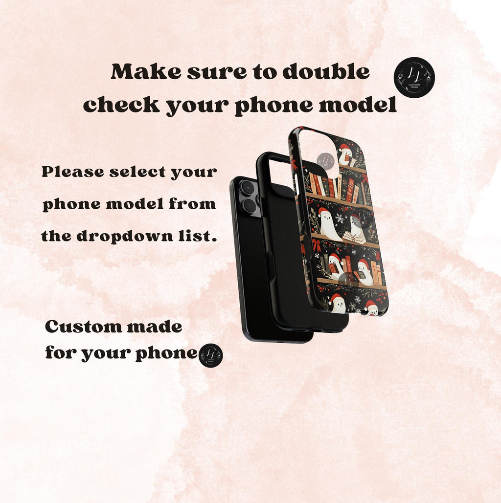 Bookshelf Ghost Christmas Phone Case, Bookish Cover, Floral Holiday Books iPhone Galaxy, Pixel