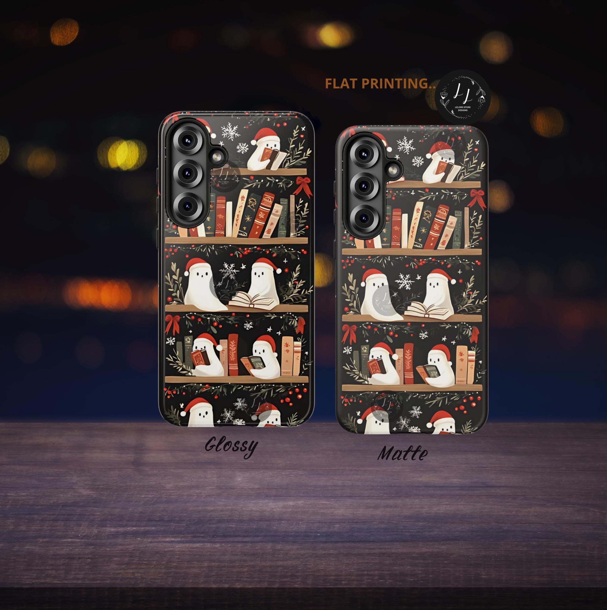 Bookshelf Ghost Christmas Phone Case, Bookish Cover, Floral Holiday Books iPhone Galaxy, Pixel