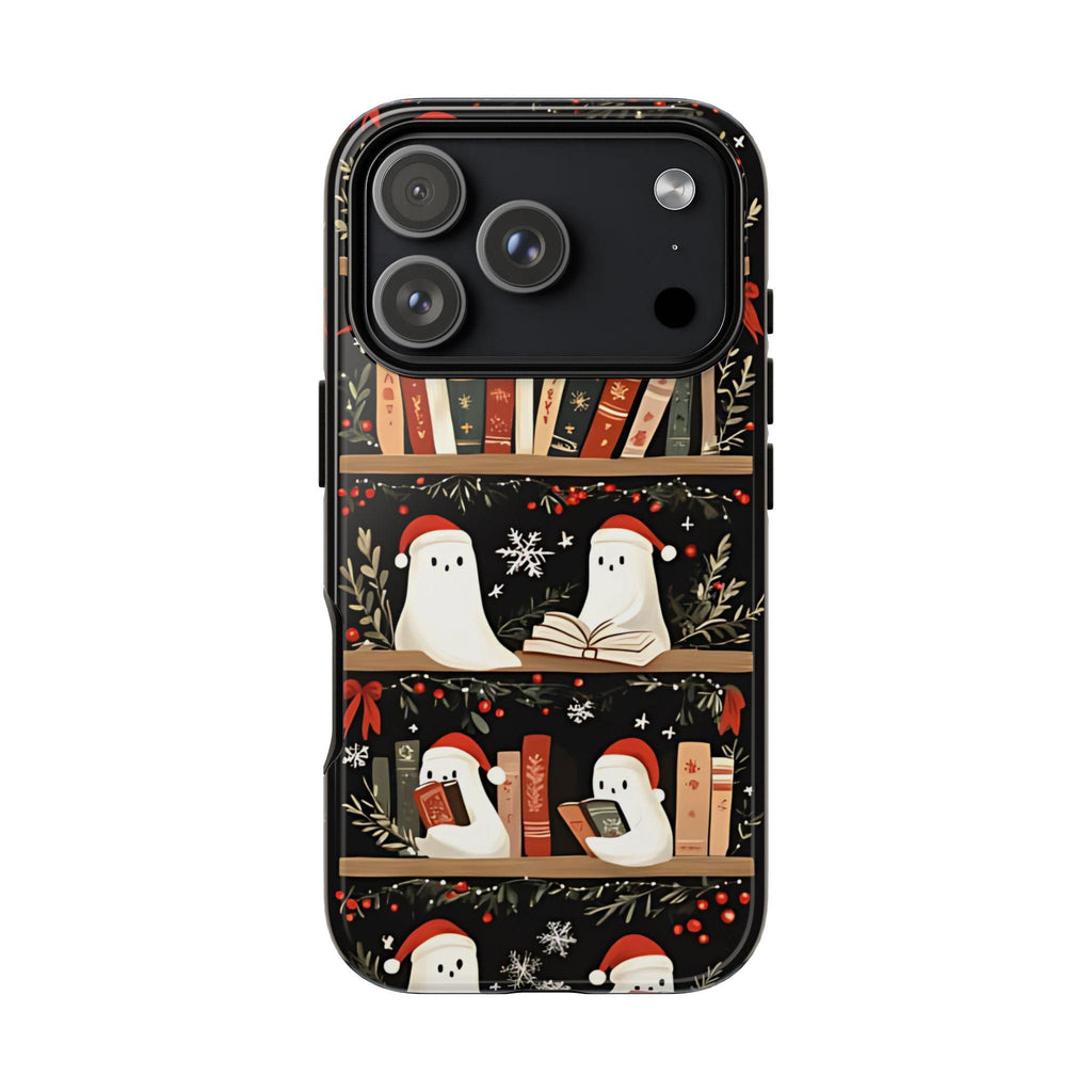 Bookshelf Ghost Christmas Phone Case, Bookish Cover, Floral Holiday Books iPhone Galaxy, Pixel