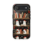Bookshelf Ghost Christmas Phone Case, Bookish Cover, Floral Holiday Books iPhone Galaxy, Pixel