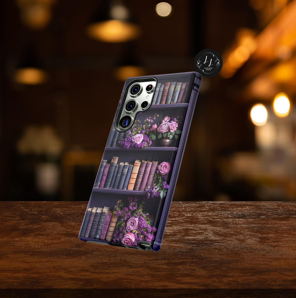 Purple Bookshelf Floral Phone Case, Book Lover Gift