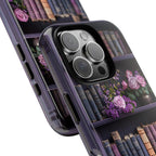 Purple Bookshelf Floral Phone Case, Book Lover Gift