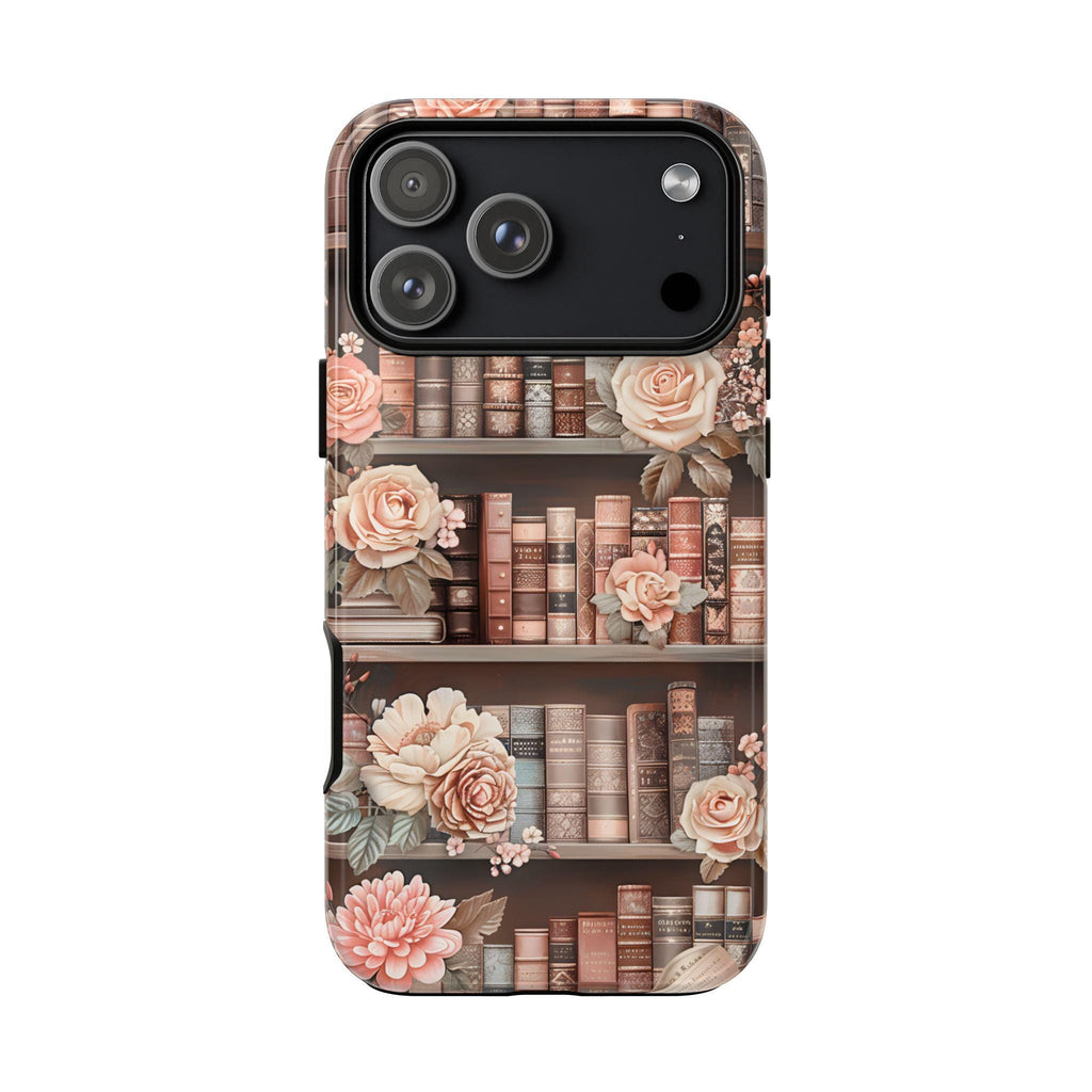 Book Phone Case Boho Floral Bookish Bookshelf Cover, Brown Library iPhone, Galaxy Pixel,