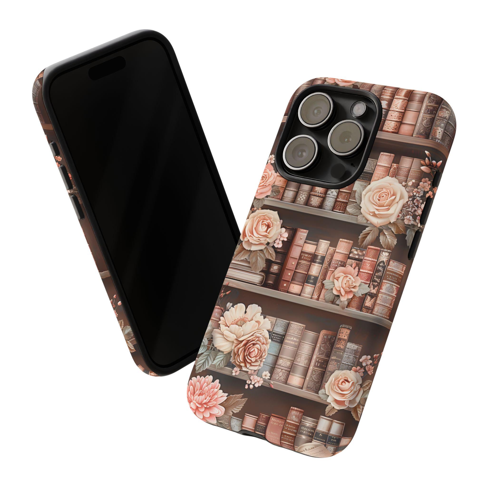 Book Phone Case Boho Floral Bookish Bookshelf Cover, Brown Library iPhone, Galaxy Pixel,