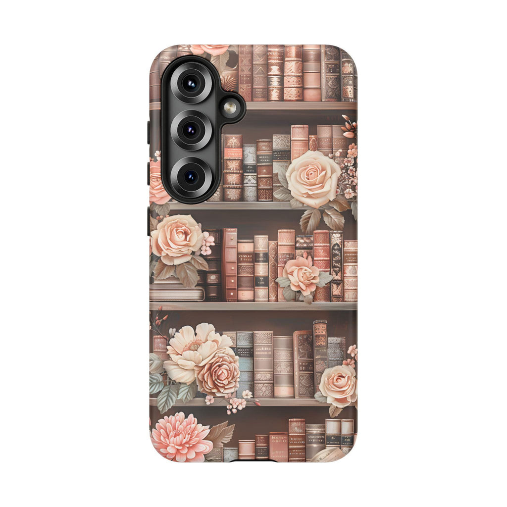 Book Phone Case Boho Floral Bookish Bookshelf Cover, Brown Library iPhone, Galaxy Pixel,
