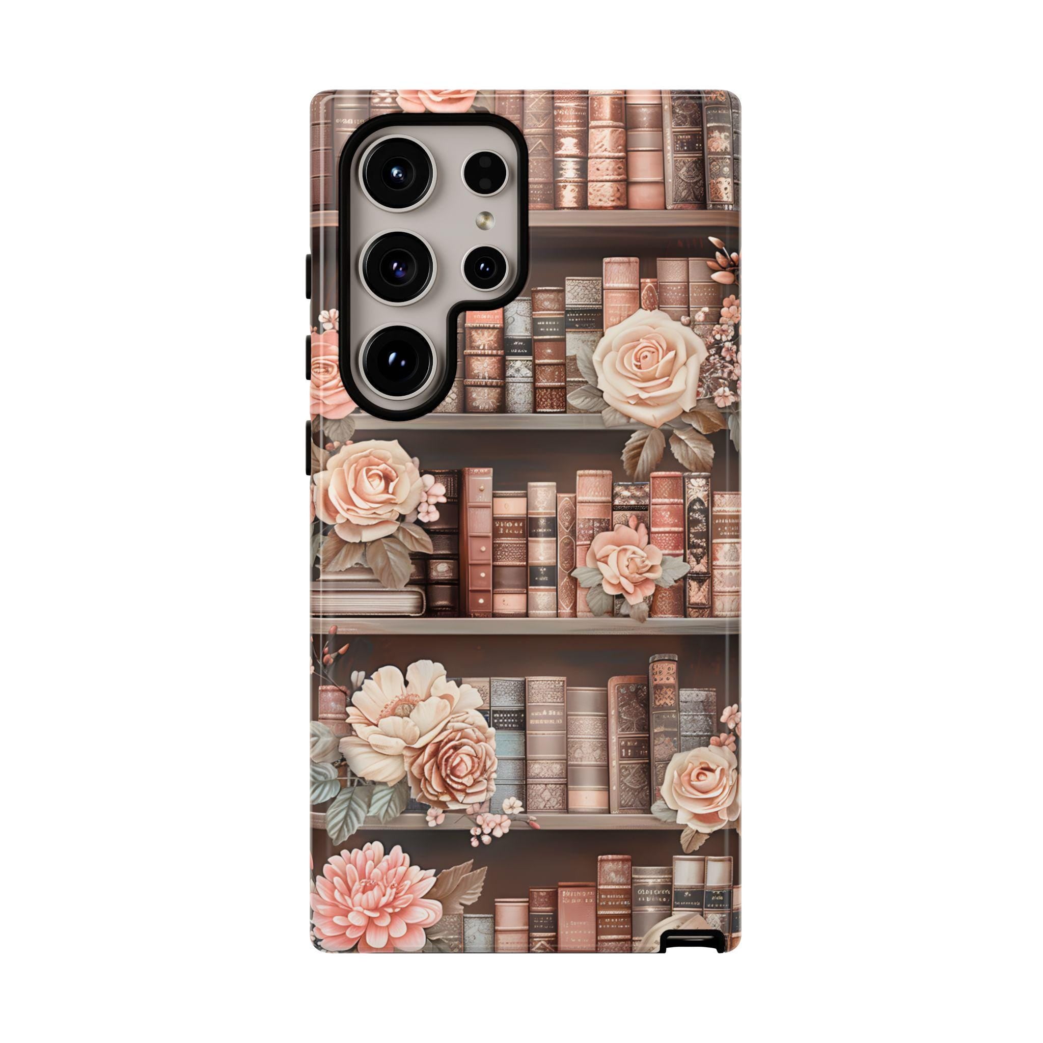 Book Phone Case Boho Floral Bookish Bookshelf Cover, Brown Library iPhone, Galaxy Pixel,