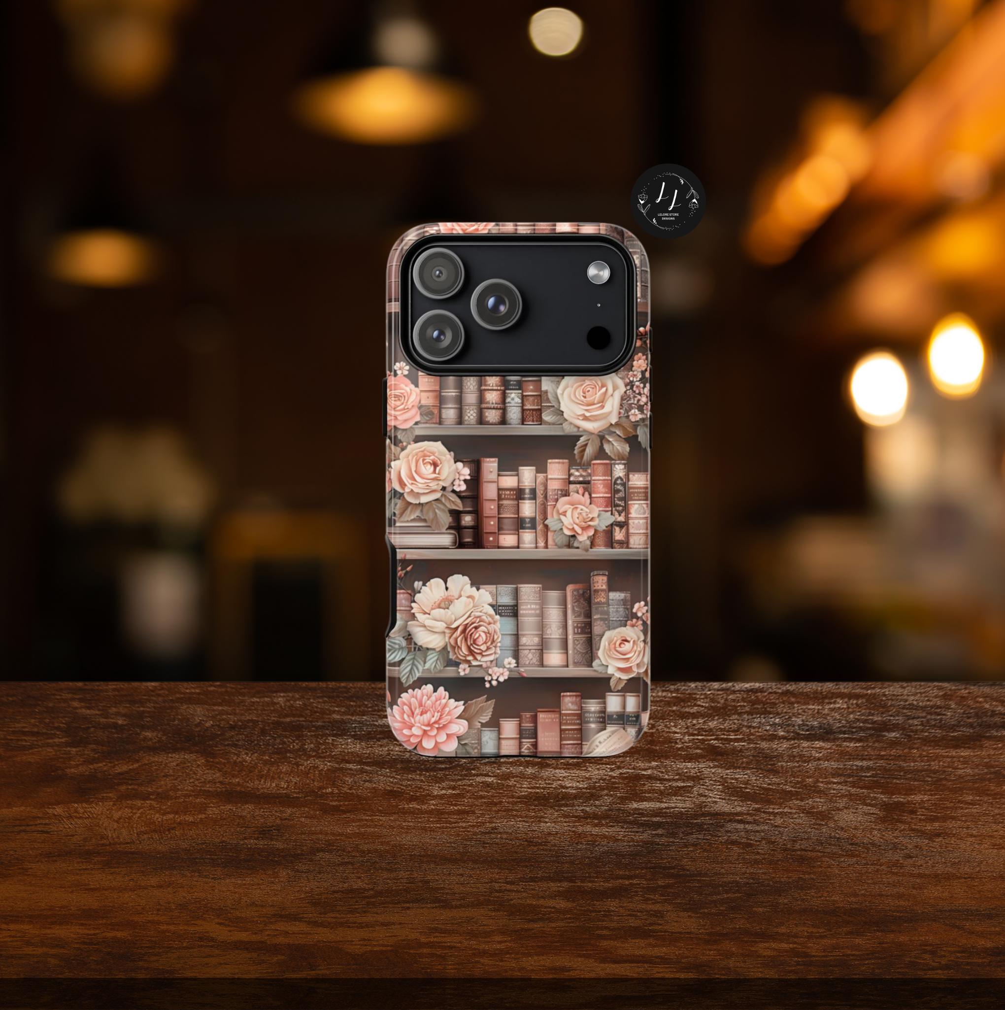 Book Phone Case Boho Floral Bookish Bookshelf Cover, Brown Library iPhone, Galaxy Pixel,