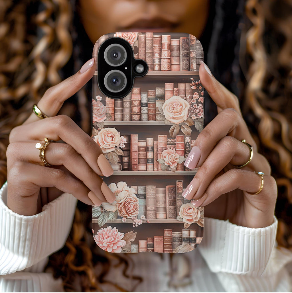 Book Phone Case Boho Floral Bookish Bookshelf Cover, Brown Library iPhone, Galaxy Pixel,