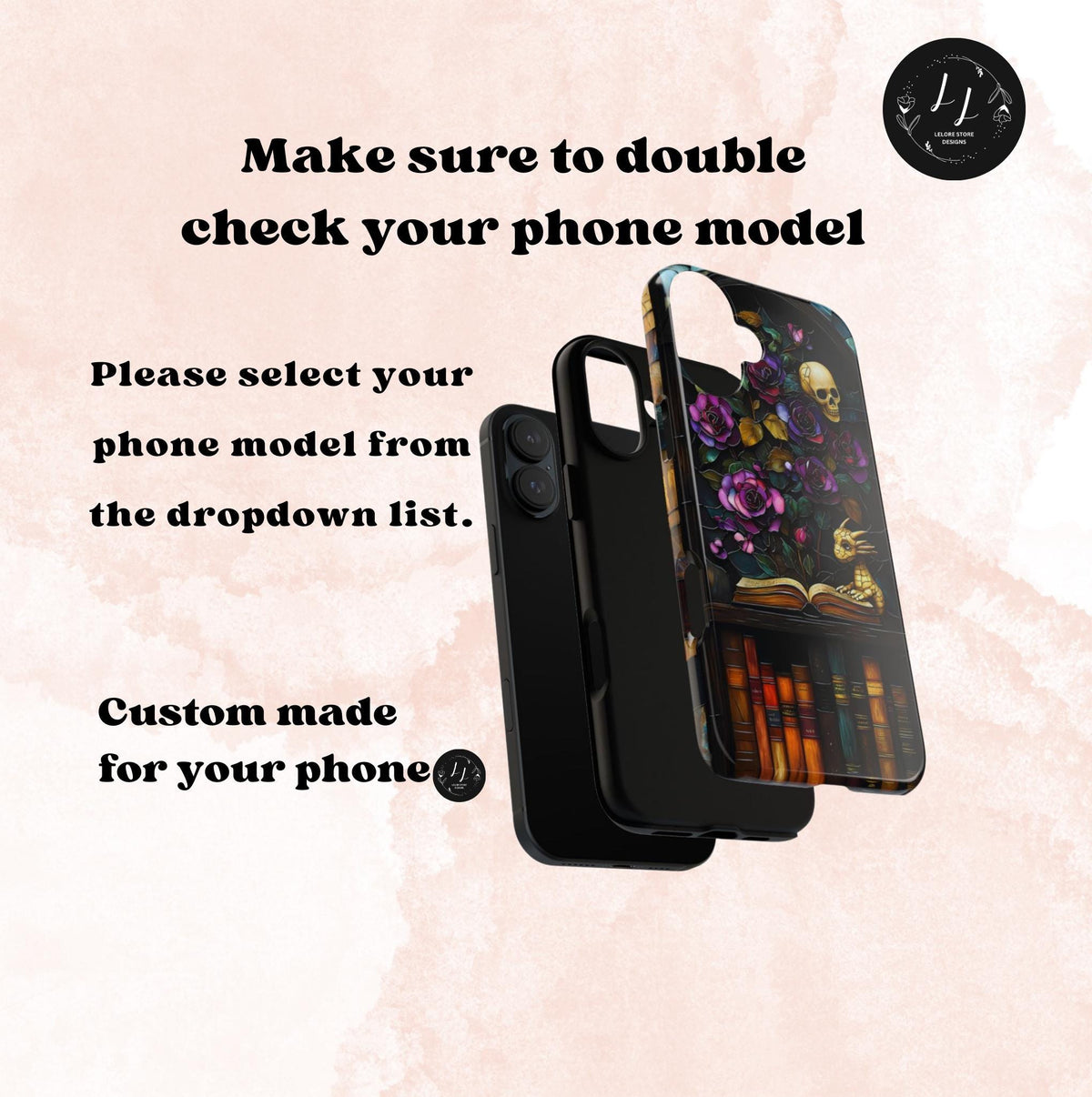 Gothic Dragon Bookshelf Phone Case: Faux Stained Glass Floral Design