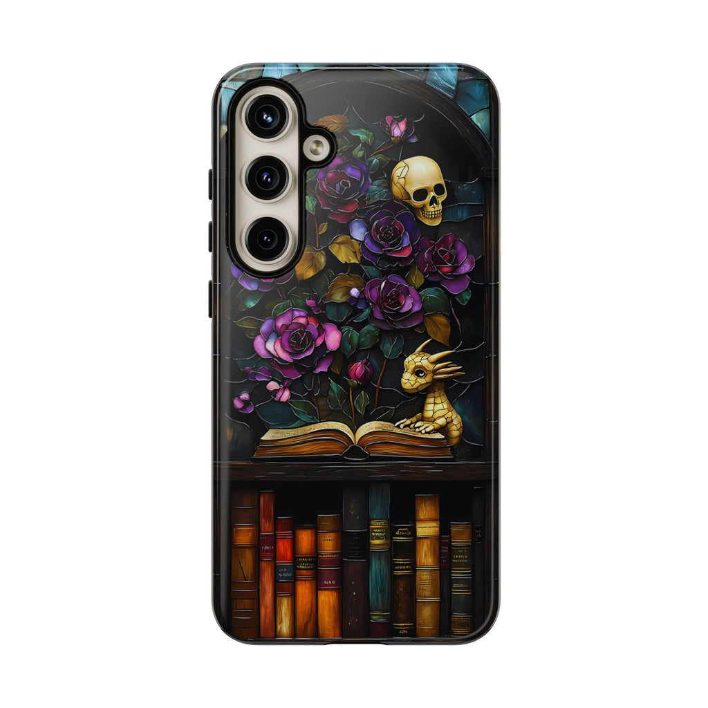 Gothic Dragon Bookshelf Phone Case: Faux Stained Glass Floral Design