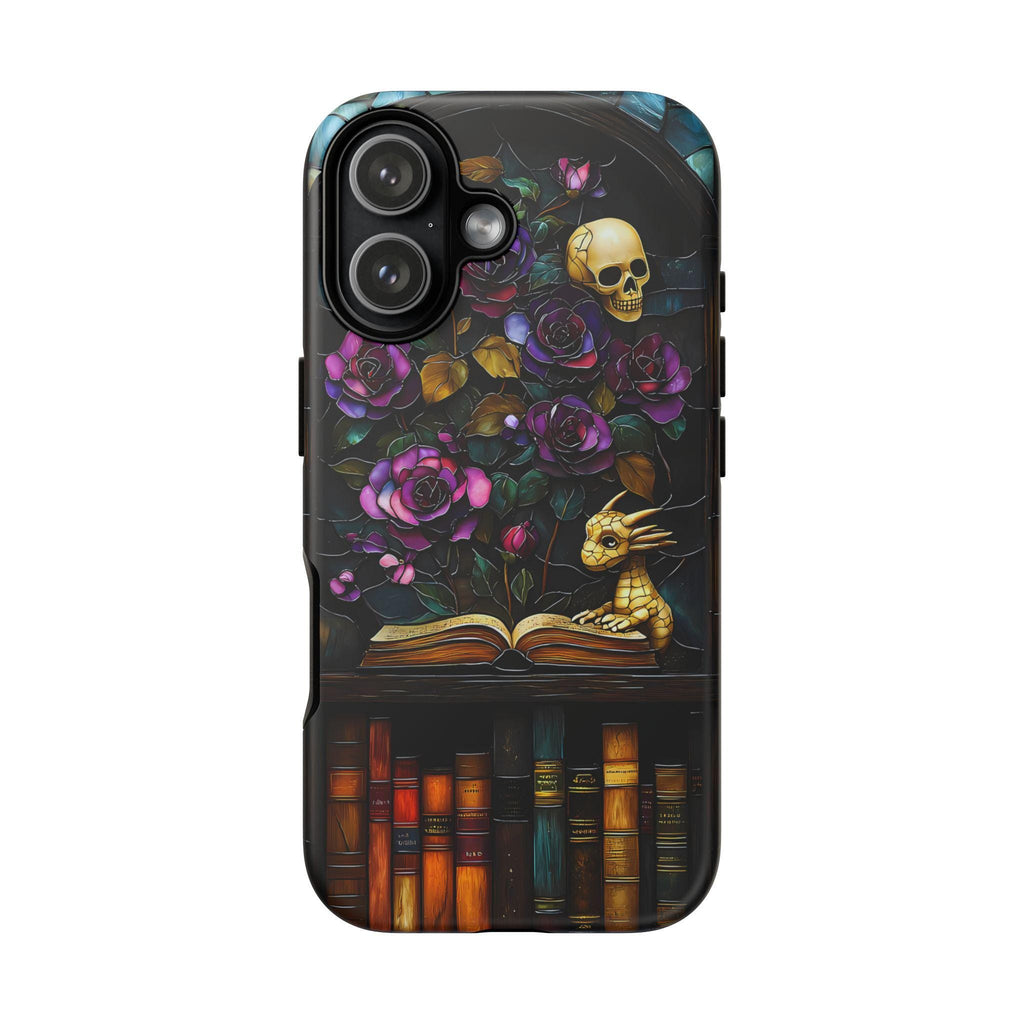 Gothic Dragon Bookshelf Phone Case: Faux Stained Glass Floral Design