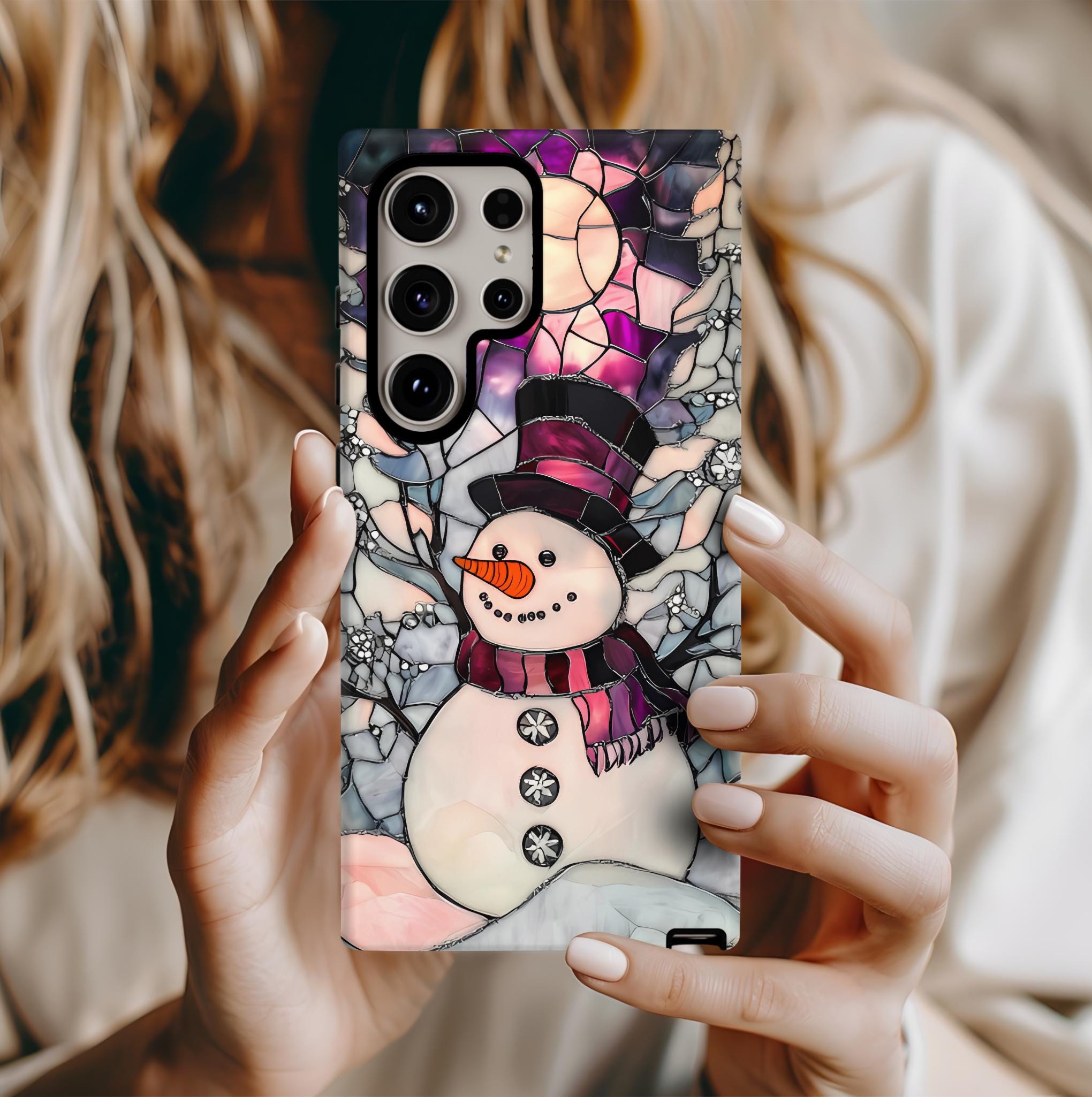 Stained Glass Effect Purple Snowman Christmas Phone Case  Winter Pastel Design iPhone Galaxy  Pixel