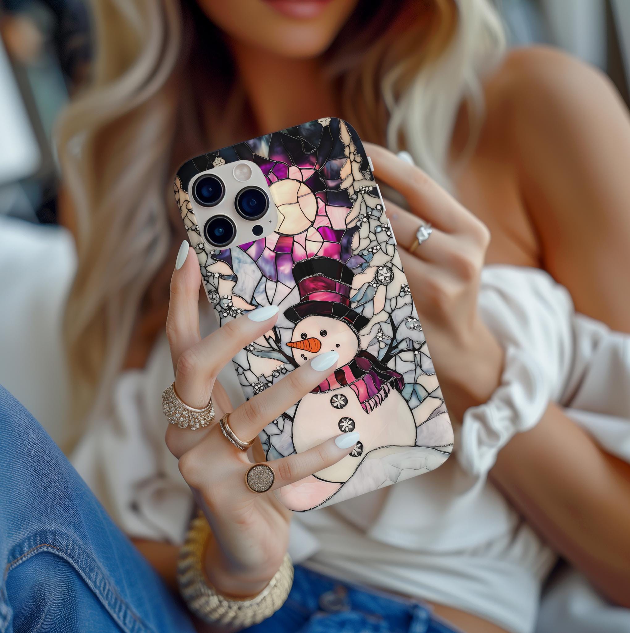 Stained Glass Effect Purple Snowman Christmas Phone Case  Winter Pastel Design iPhone Galaxy  Pixel