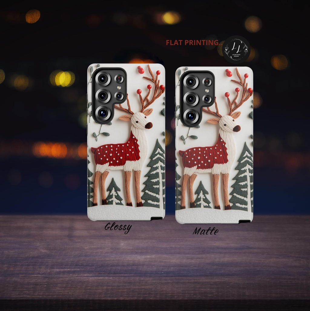 Christmas Phone Case, Reindeer Design Faux Embroidery Effect, a Cheerful Winter, Holiday iPhone Samsung Pixel