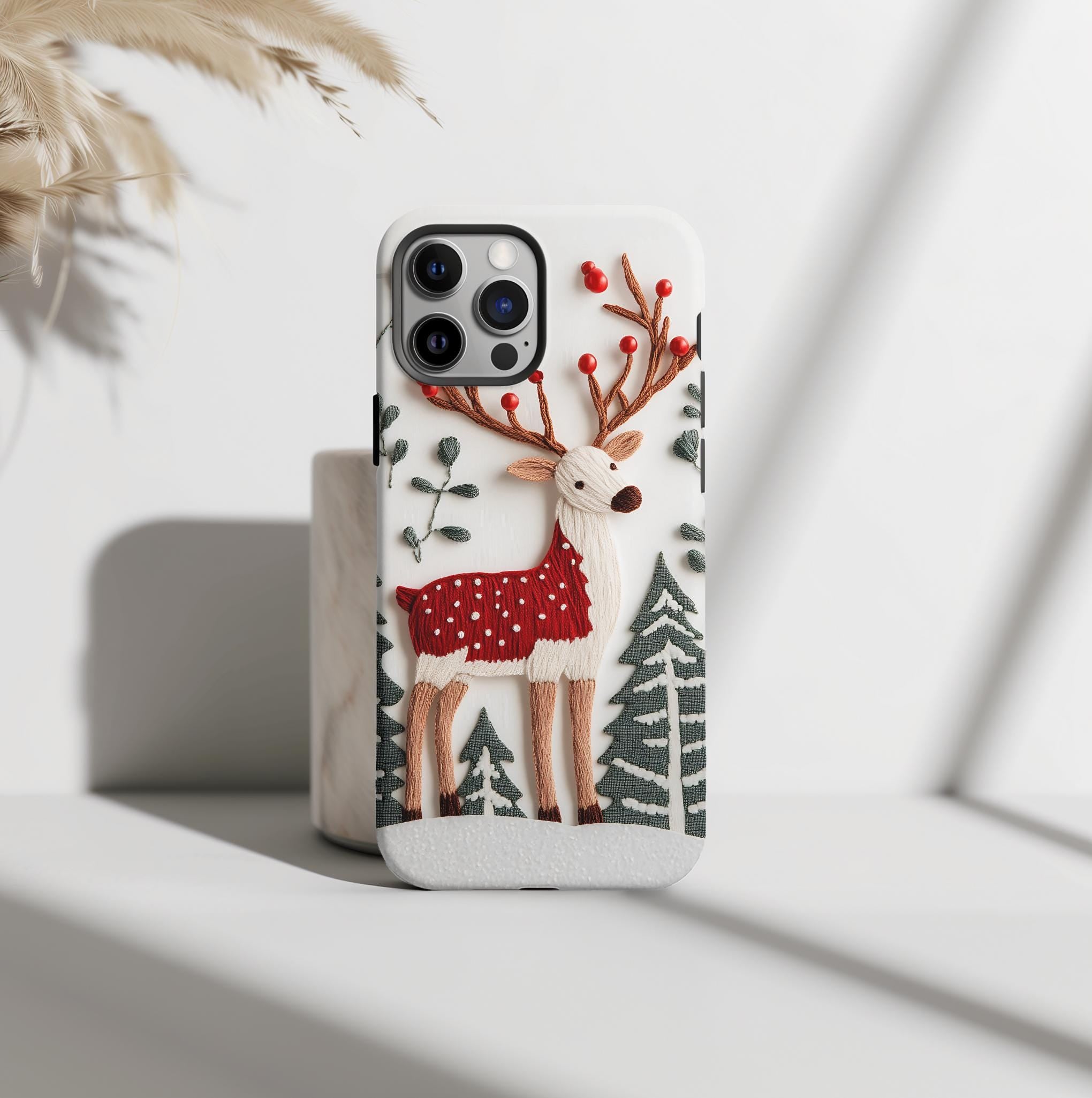 Christmas Phone Case, Reindeer Design Faux Embroidery Effect, a Cheerful Winter, Holiday iPhone Samsung Pixel