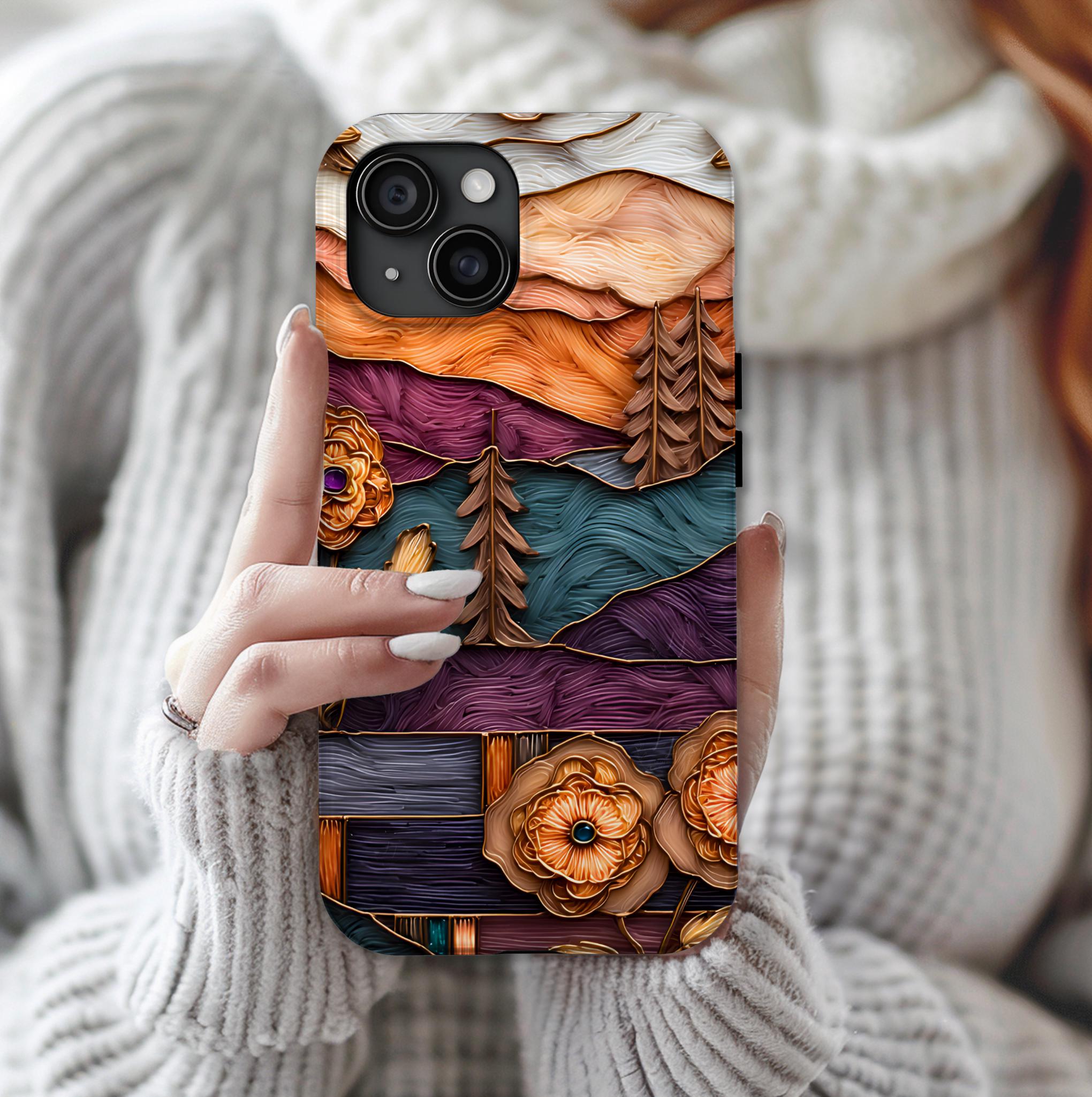 Floral Stained Glass Mountain Tree Phone Case: Boho Nature Samsung Cover, Vintage ProtectiveForest Gift