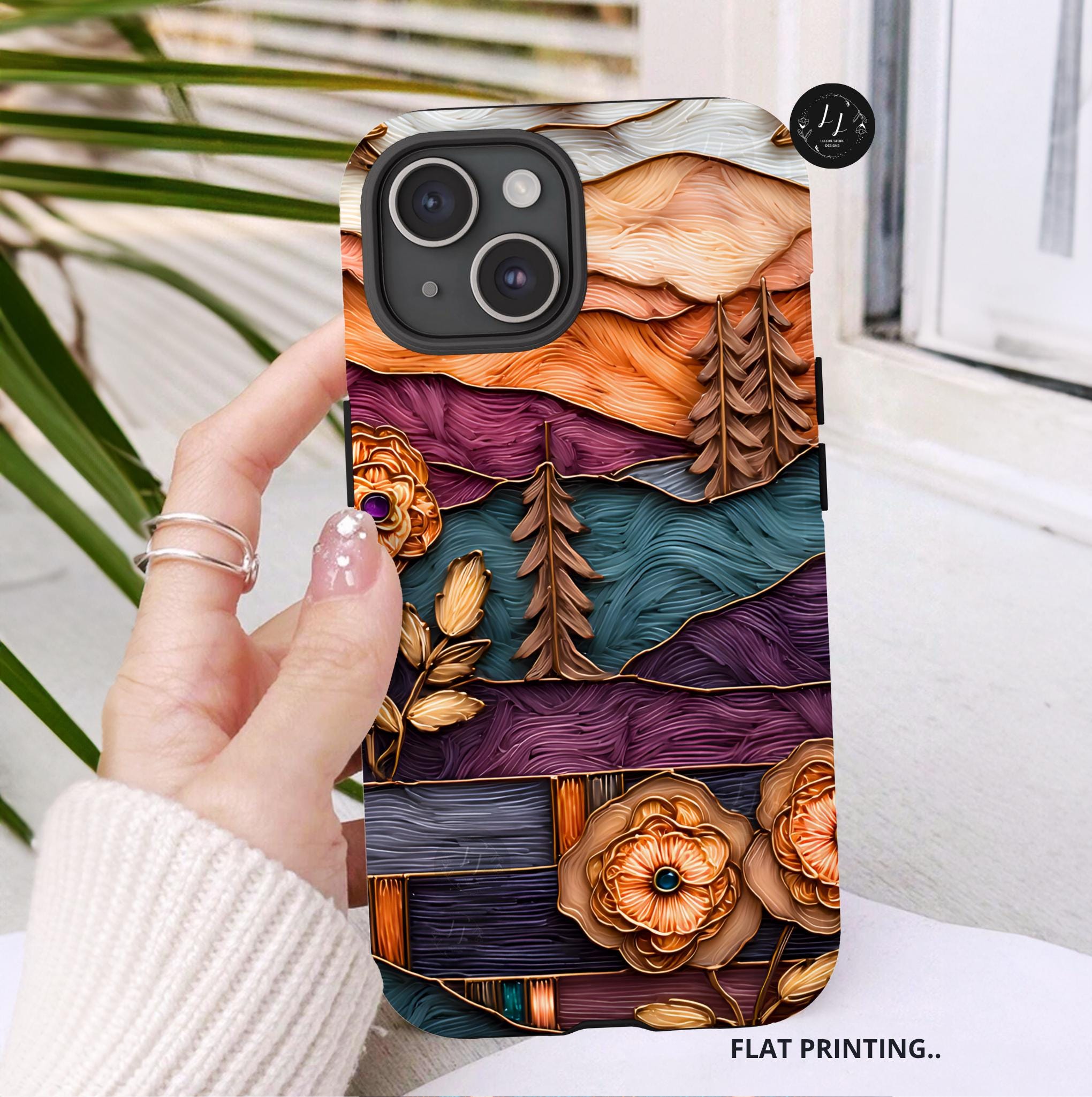 Floral Stained Glass Mountain Tree Phone Case: Boho Nature Samsung Cover, Vintage ProtectiveForest Gift