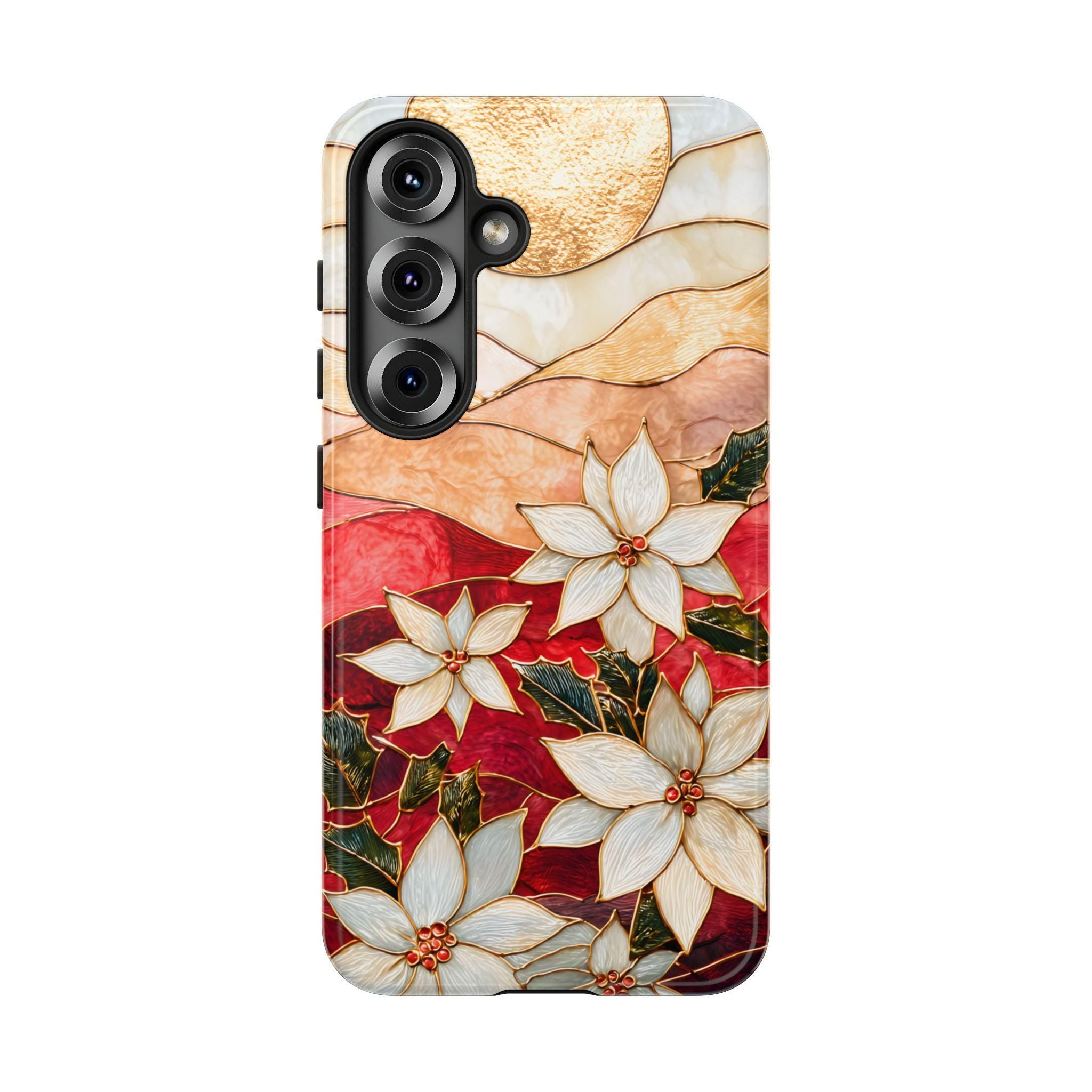 Poinsettia Stained Glass Christmas Phone Case: Festive Floral Cover iPhone Galaxy Pixel Red Gift