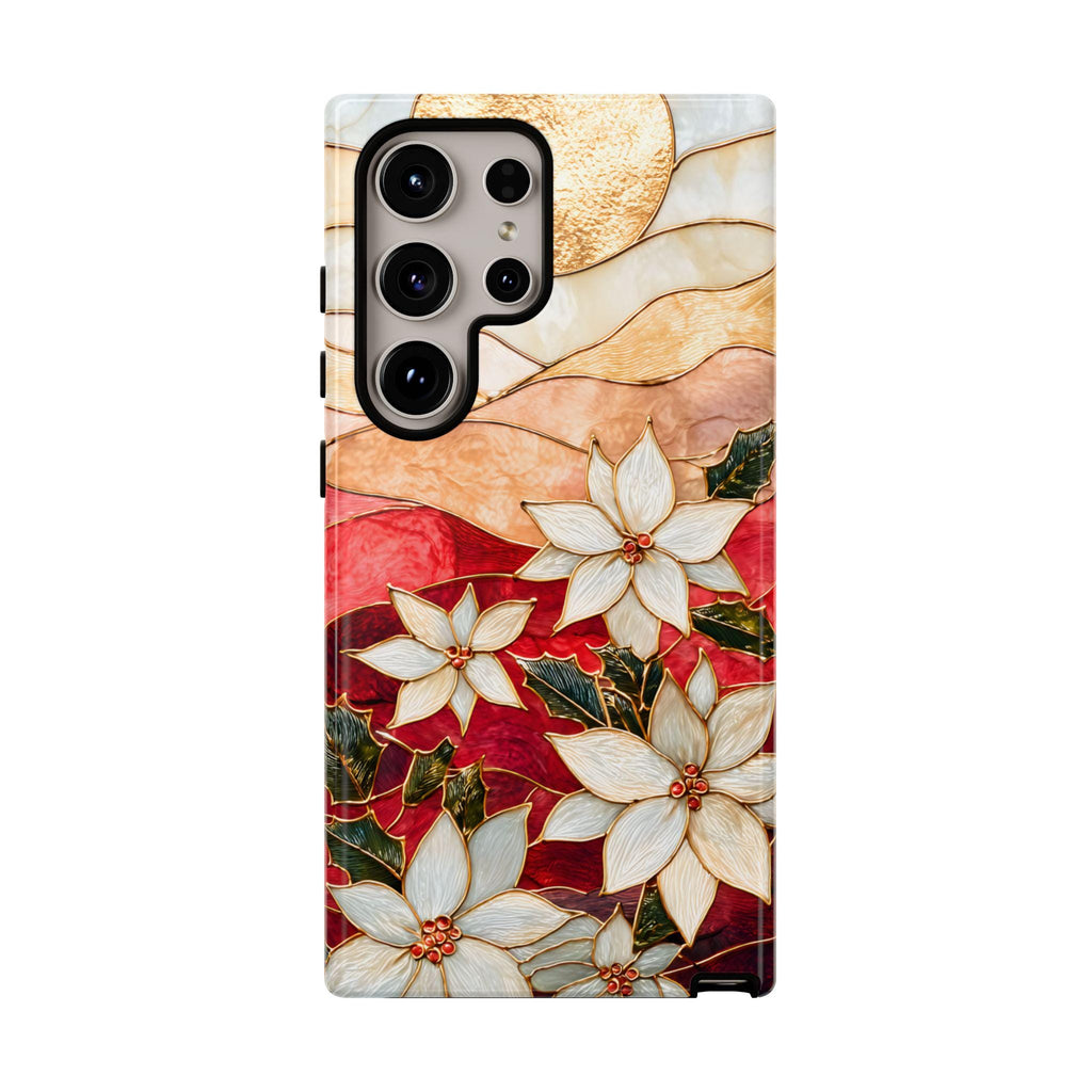 Poinsettia Stained Glass Christmas Phone Case: Festive Floral Cover iPhone Galaxy Pixel Red Gift