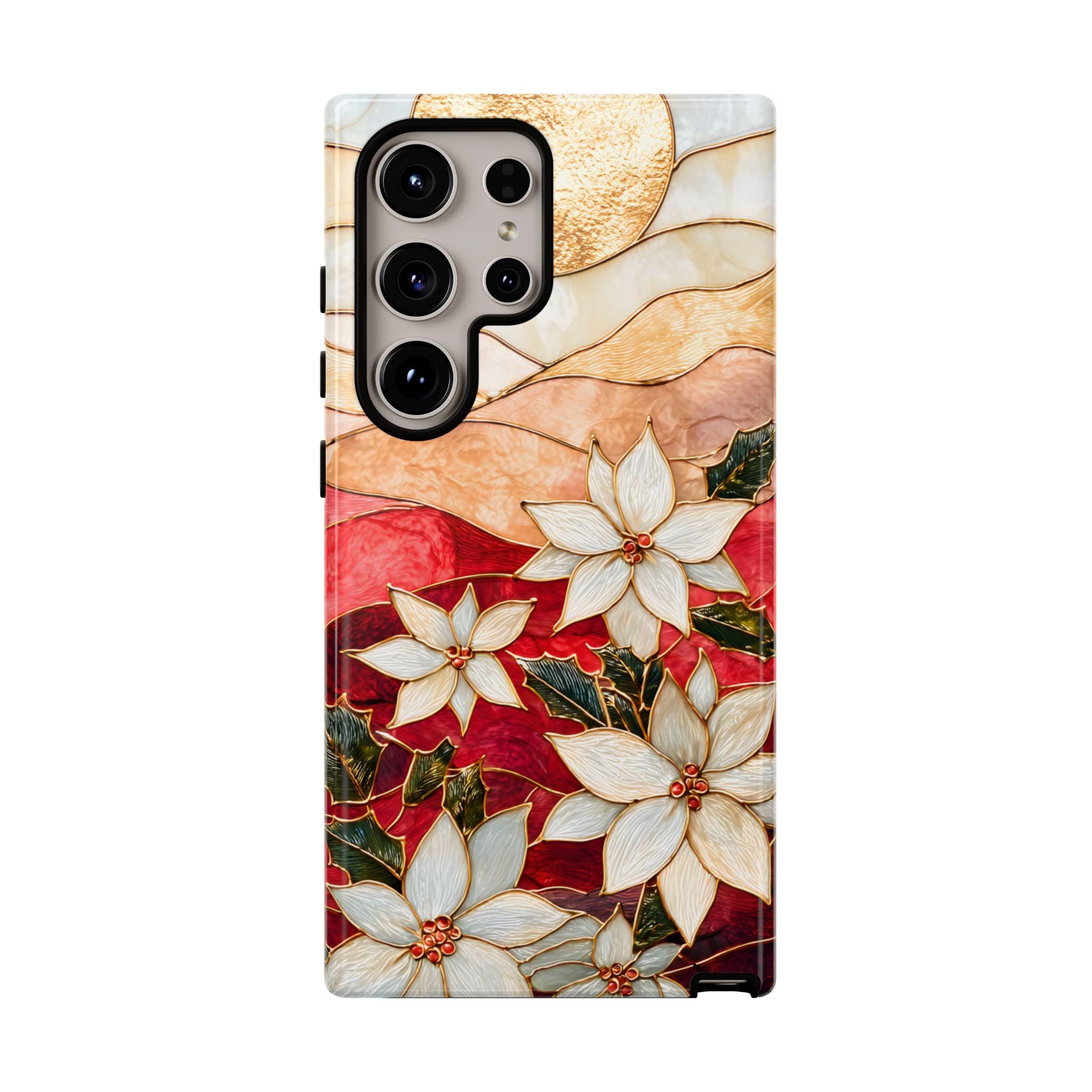 Poinsettia Stained Glass Christmas Phone Case: Festive Floral Cover iPhone Galaxy Pixel Red Gift