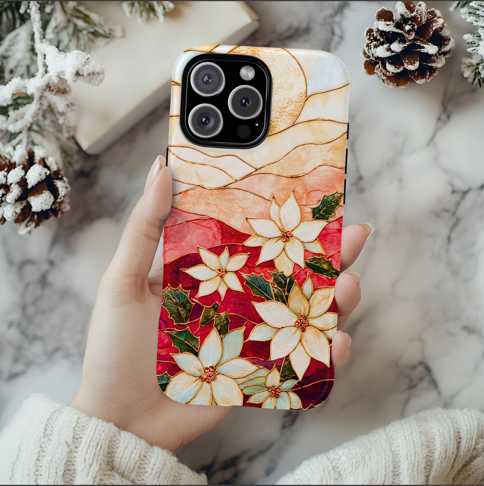 Poinsettia Stained Glass Christmas Phone Case: Festive Floral Cover iPhone Galaxy Pixel Red Gift