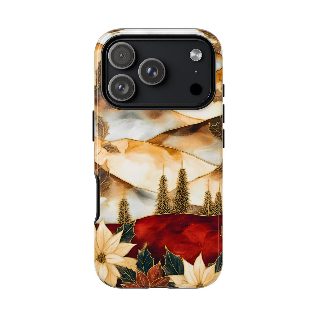 Christmas Phone Case-Stained Glass Poinsettia Design Boho Floral Holiday iPhone Galaxy Pixel Cover, Winter
