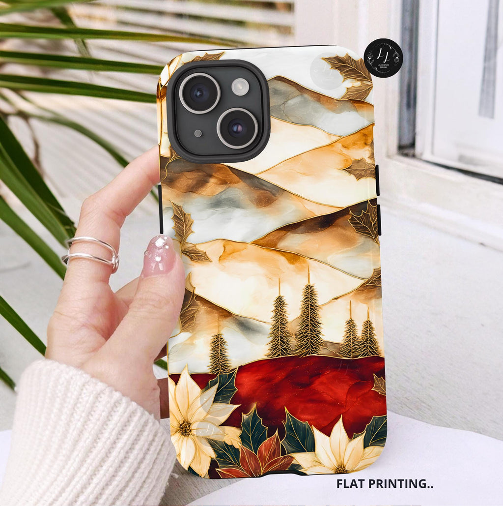 Christmas Phone Case-Stained Glass Poinsettia Design Boho Floral Holiday iPhone Galaxy Pixel Cover, Winter