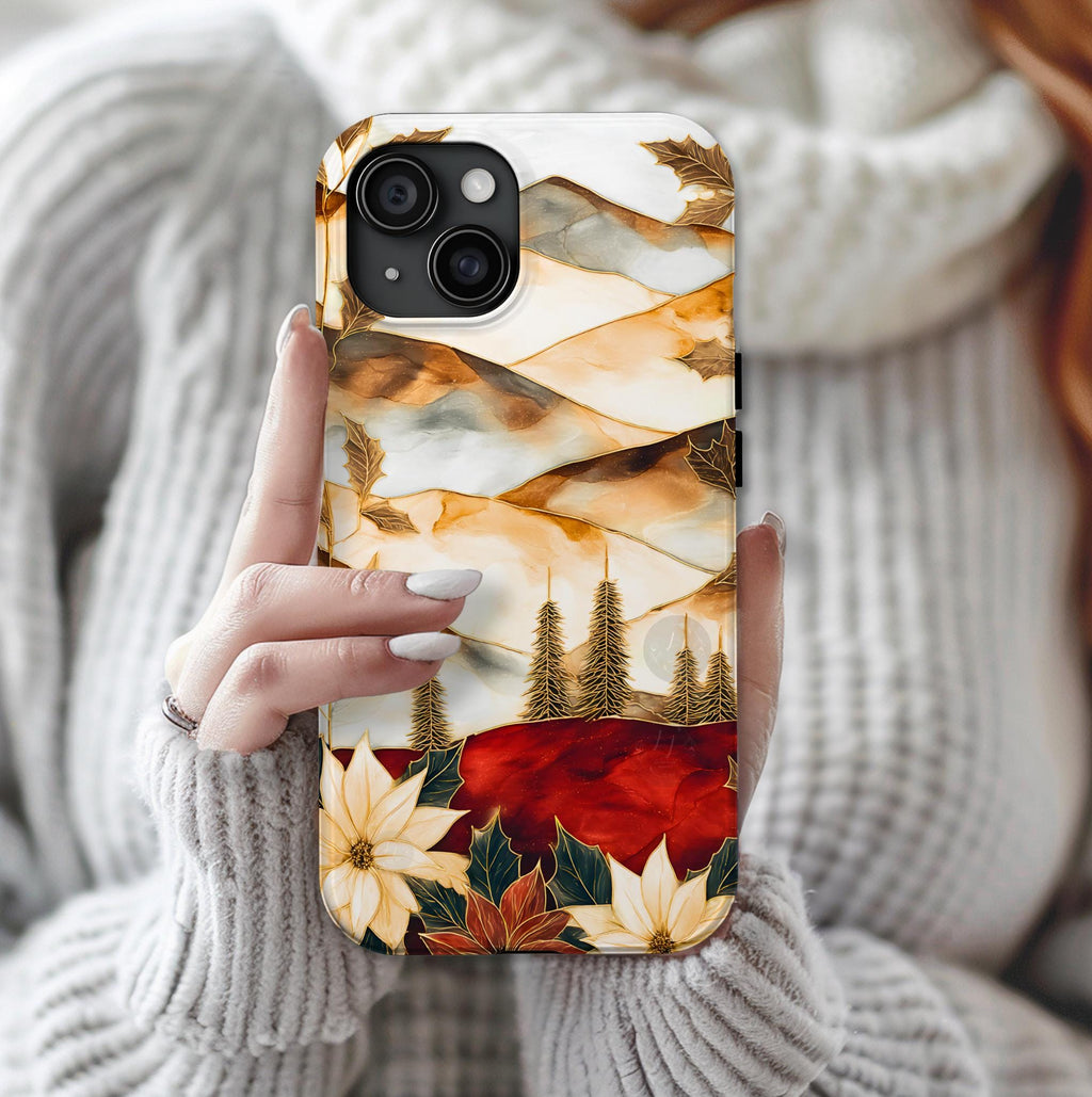 Christmas Phone Case-Stained Glass Poinsettia Design Boho Floral Holiday iPhone Galaxy Pixel Cover, Winter