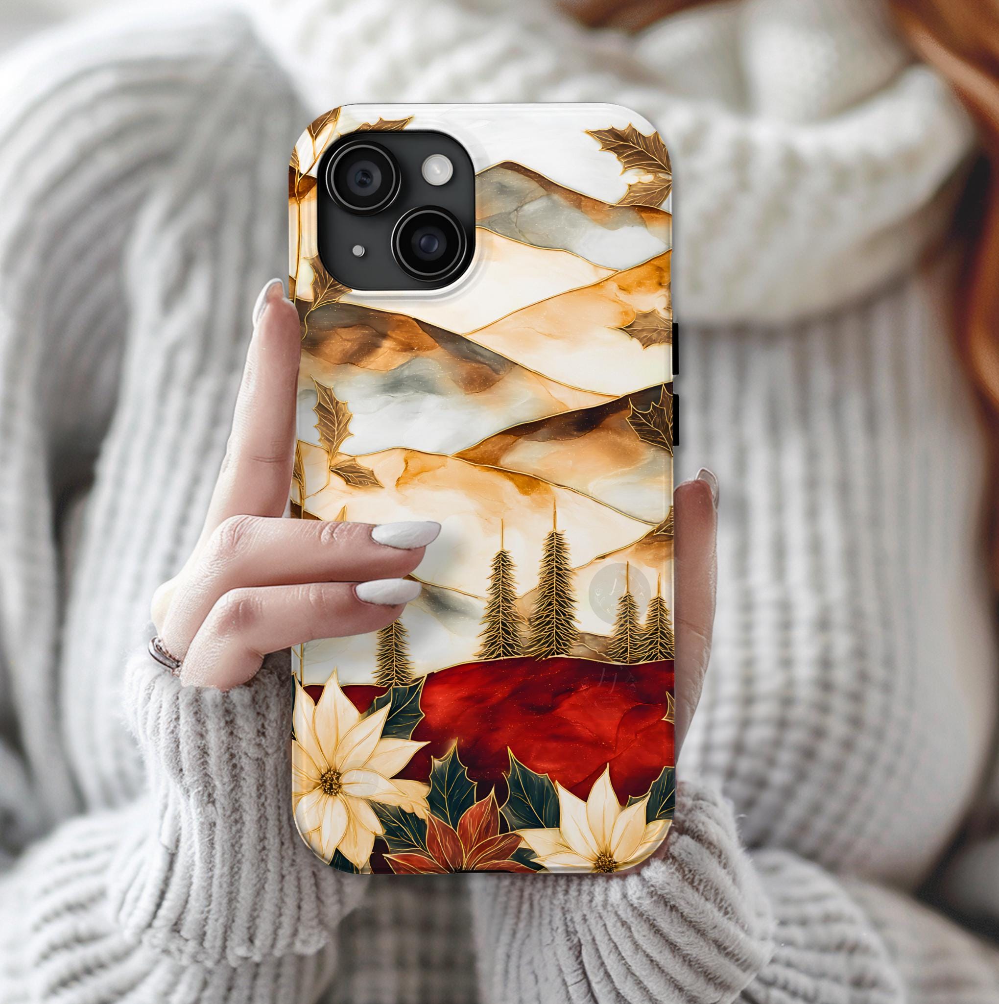 Christmas Phone Case-Stained Glass Poinsettia Design Boho Floral Holiday iPhone Galaxy Pixel Cover, Winter