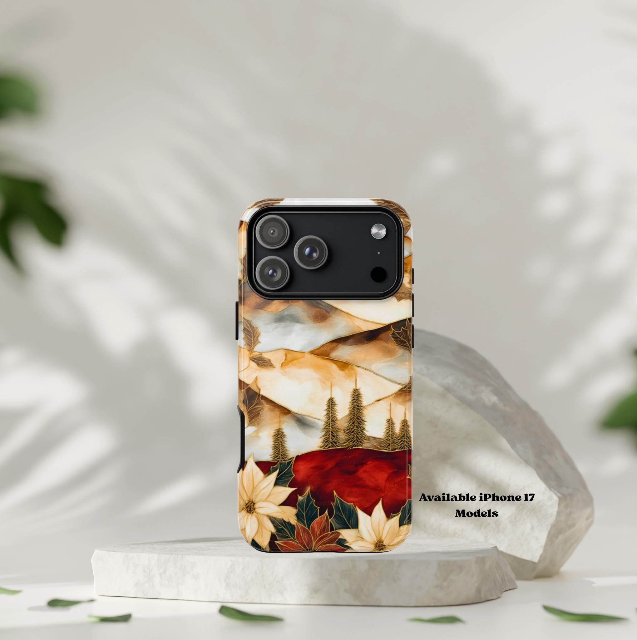 Christmas Phone Case-Stained Glass Poinsettia Design Boho Floral Holiday iPhone Galaxy Pixel Cover, Winter