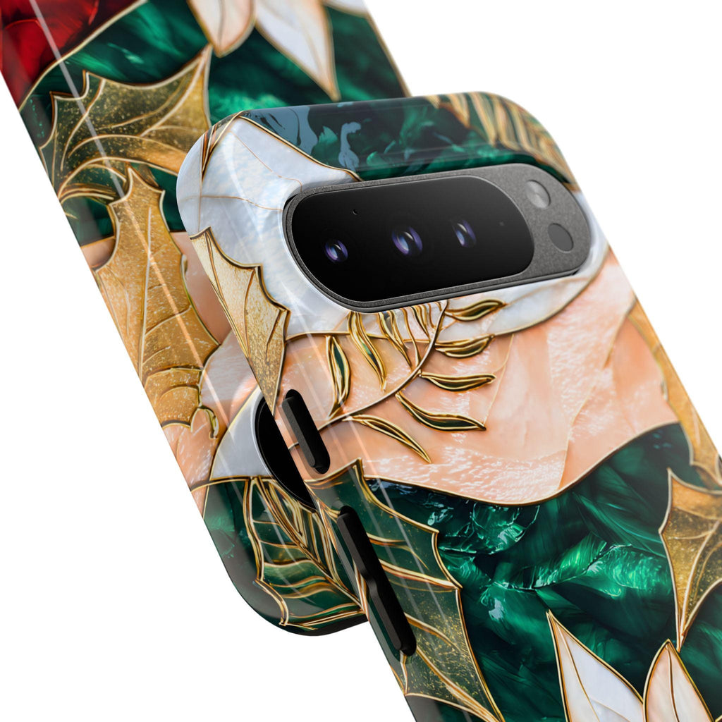 Christmas Phone Case Stained Glass Poinsettia Design Green Floral Holiday iPhone Galaxy Pixel Cover,