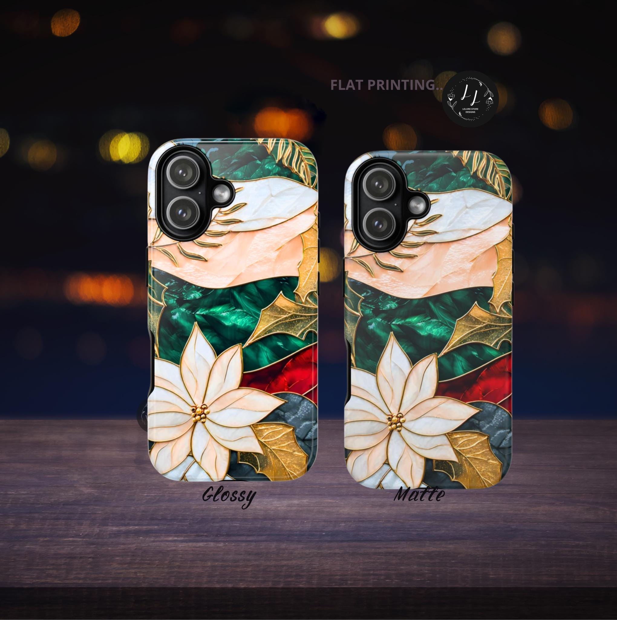 Christmas Phone Case Stained Glass Poinsettia Design Green Floral Holiday iPhone Galaxy Pixel Cover,